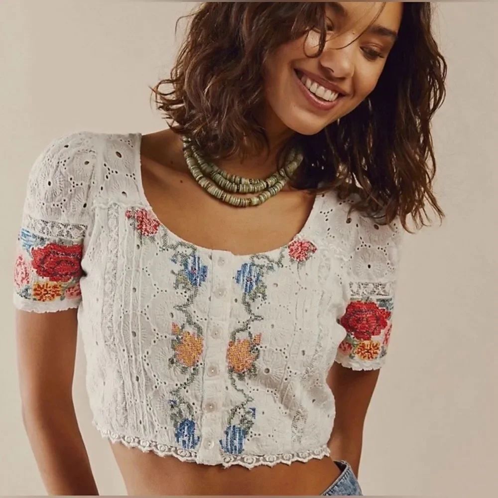NEW Loveshackfancy Collum Crop Eyelet Top Size 4 White $325